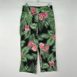 NWOT ICE Silk Pants Women's 8 Pink Green Tropical Wide Leg Cropped Hi-Rise